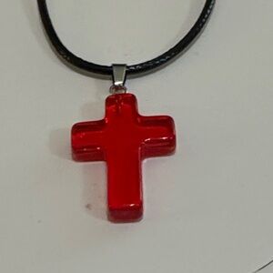 NWOT Elegant Red Cross Pendant Necklace on Black Cord